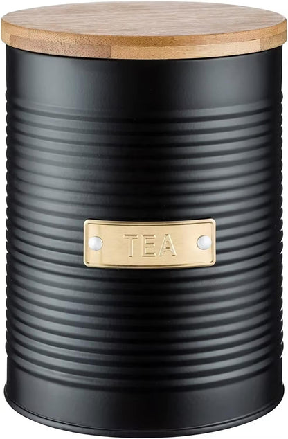 Black Metal Canisters with Wooden Lids – Set of 4 Airtight Storage Tins for Coffee, Tea, Sugar & More – Modern Ribbed Kitchen Containers with Brass Labels