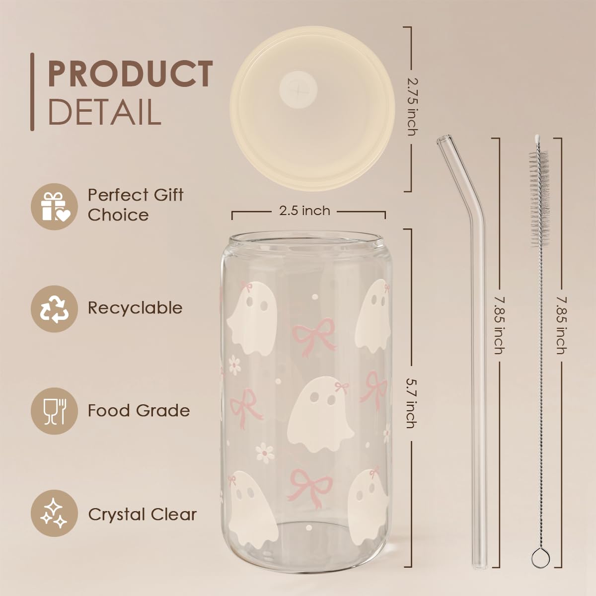 SANDJEST Halloween 16oz Can Glass Tumbler with Acrylic Lid & Straw, Iced Coffee Cup for Women Girls, Aesthetic Cups Gifts for Party