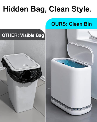 Purexa 2.3 Gallon Slim Small Bathroom Trash Can with Lid, White Dog Proof Garbage Can with Air-Press Bag Expander & Removable Bucket, Narrow Bathroom Waste Basket for Bedroom, Office, Dorm
