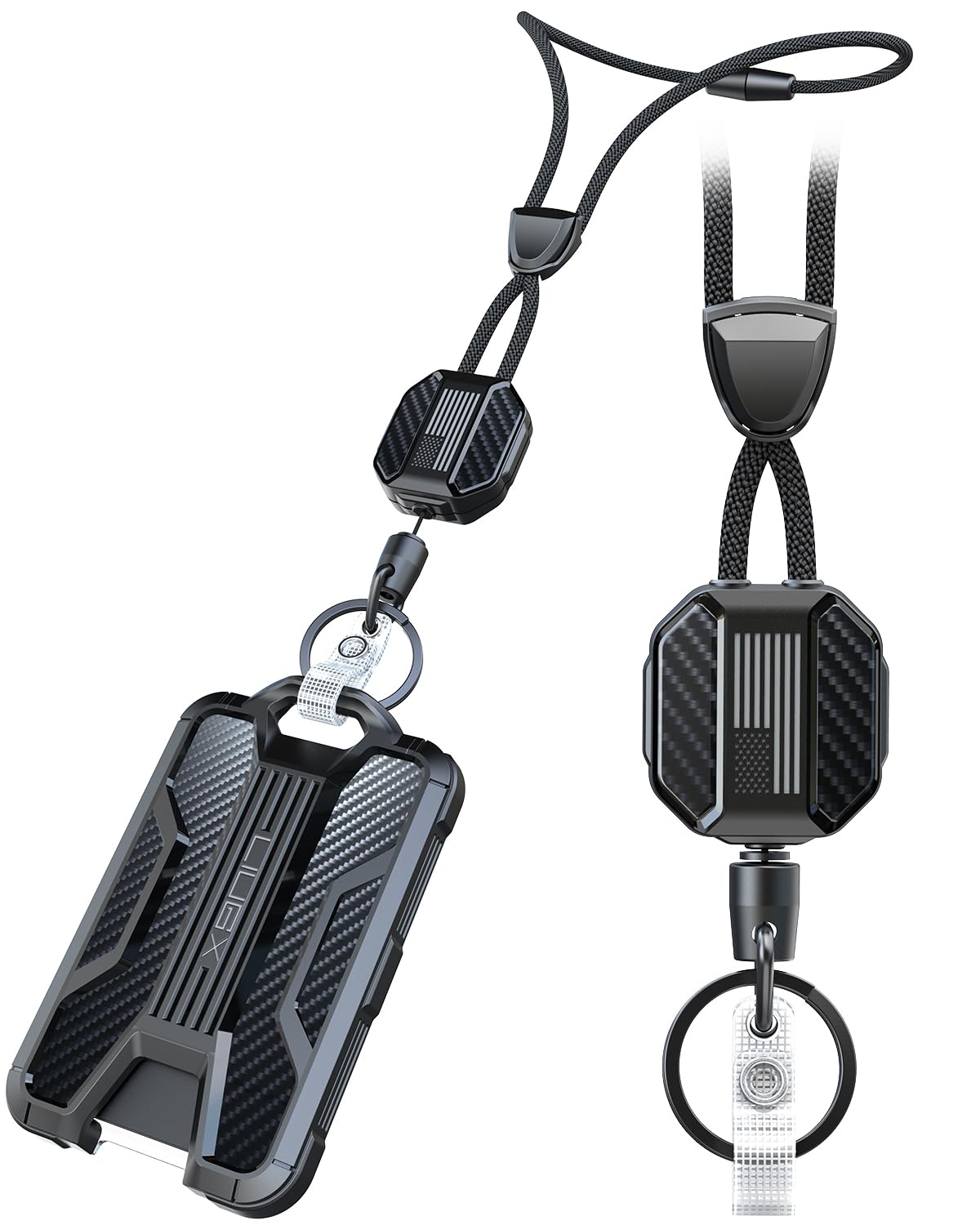 LIUGX Retractable Breakaway Lanyards for ID Badges Holder Keys, Carbon Fiber-Texture & American Flag, Badge Reel with Heavy Duty ID Card Holder (Holds 6 Cards) with 20" Cord, Keychain, 4.2 oz, Black
