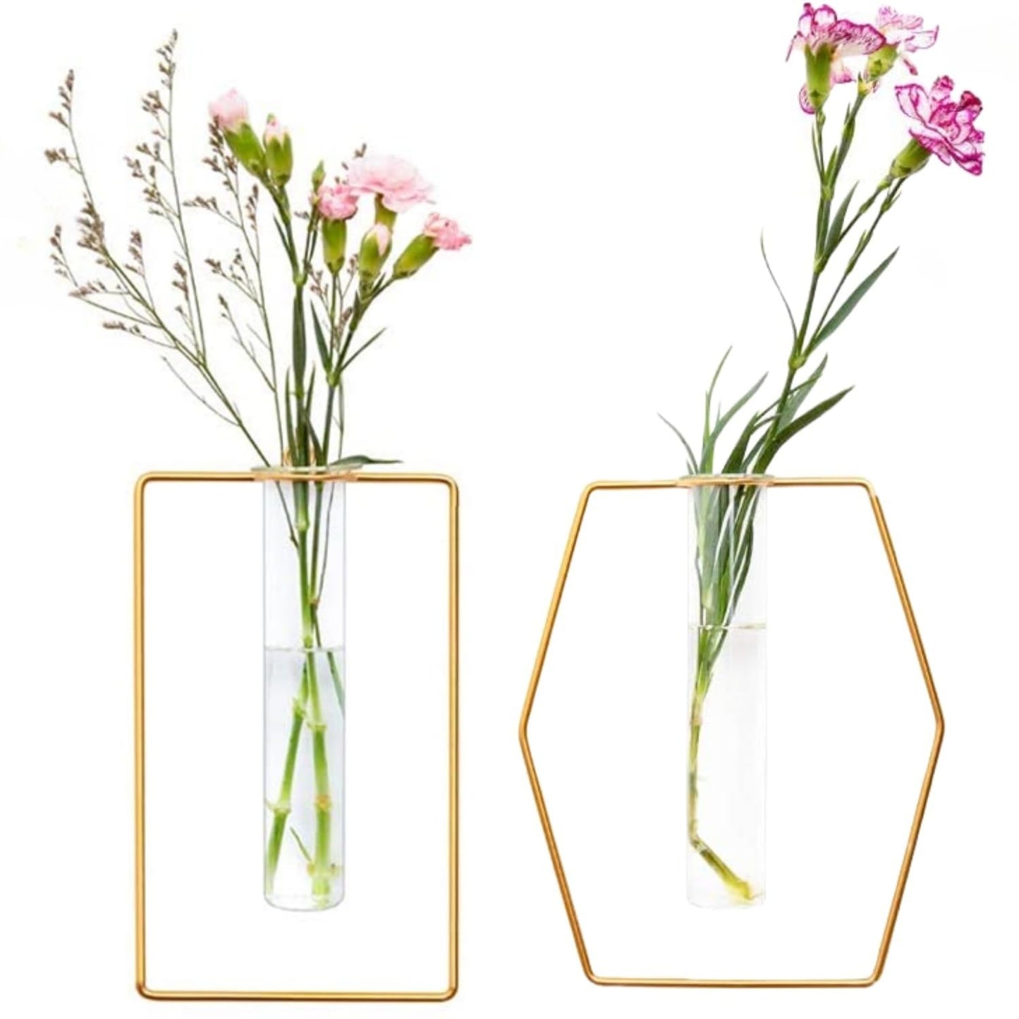 yaocoral 2 Pack Nordic Wall Vase Hanging Geometric Gold Flower Vase Wall Mount Metal Frame Vases Hydroponic Glass Bud Vase Decor for Home Wedding Farmhouse