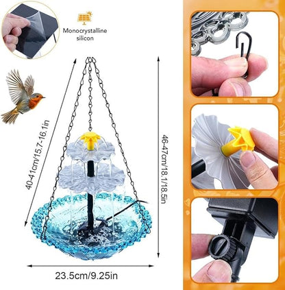 Solar Fountain for Bird Bath，Solar Cascade Hanging Bird Bath Fountain，Large Humming Birds Baths Fountains, with Solars Pump & Glass Bowl, for Outdoor, Gardens (Blue)