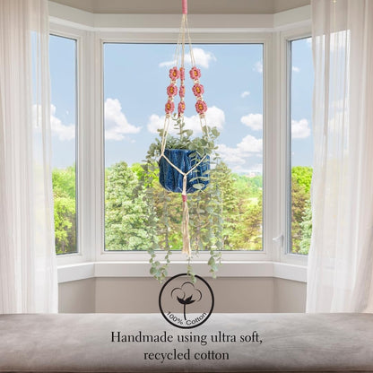 Macrame plant hanger with Daisies | Hanging plant holder | Macrame Plant hangers outdoor and indoor hanging planters Plant stand indoor Boho Decor hanging planter stand/plant shelf (Champagne Pink)