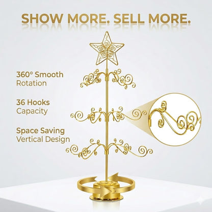 HOHIYA 24” Rotating Ornament Display Tree Stand 36 Hooks Metal Tabletop Display Rack for Christmas Ornaments Halloween Decor Craft Show Display Heavy Duty Brass Gold