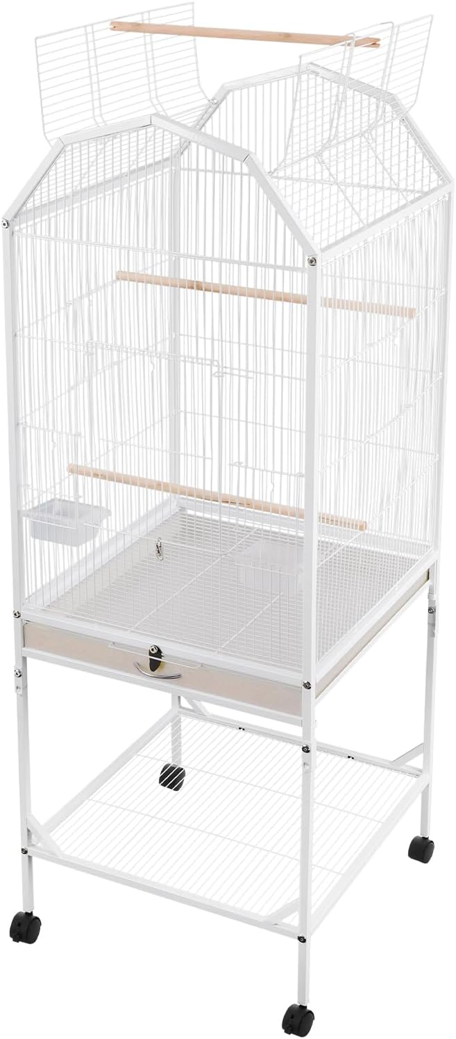 Large Bird Aviary Cage 53.5 Inch, Free Standing Wrought Iron Parrot Cage with Wheels, Open Play Top, Slide-Out Tray, Bird Cage for Budgerigars, Cockatiels, Parakeets, Lovebirds
