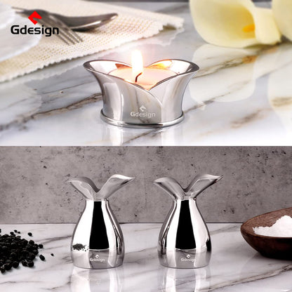 Gdesign Stainless Steel Home Decor Accessory Set, Flatware Table Set with Small Vase, Dessert Fork and Holder, Napkin Ring, Salt and Pepper Shaker, Tealight Candle Holder, Gift for Wedding, Birthday