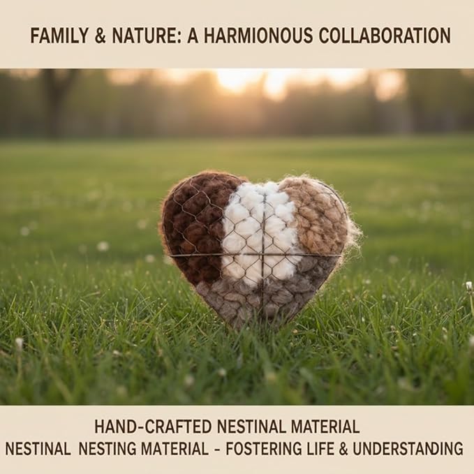 Handmade Fiber Bird Nesting Heart, Refillable Birds Haven 1 Heart Shape Hummingbird Nesting and 2 Bags of Nest Materials, Winter Fowl Gifts Animal Hummingbirds Lovers Home Garden Yard(3Set)