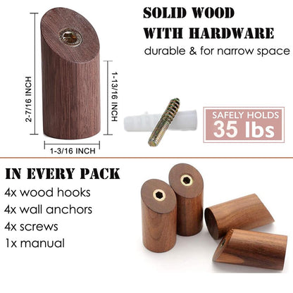 Felidio Wood Wall Hooks, 4 Pack Coat Hooks Wall Mounted, Rustic Wooden Heavy Duty Robe Hook Hat Rack, Hooks for Hanging Bathroom Towels Clothes Hanger (Walnut Wood)