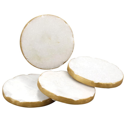 Thirstystone 4 Pack Round Natural White Marble Coasters w/ Gold Edges 4" Diameter Elegant, Luxurious, Stemware Safe