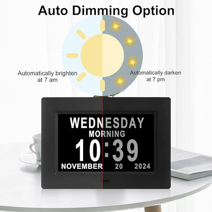 Johnziny 7 Inch Digital Clock with Day and Date for Elderly Large Display Digital for Elderly Dementia Clock Alarms, 12 Alarms and 8 Tags,4 Colors Display Calendar Alarm Clock(Black)