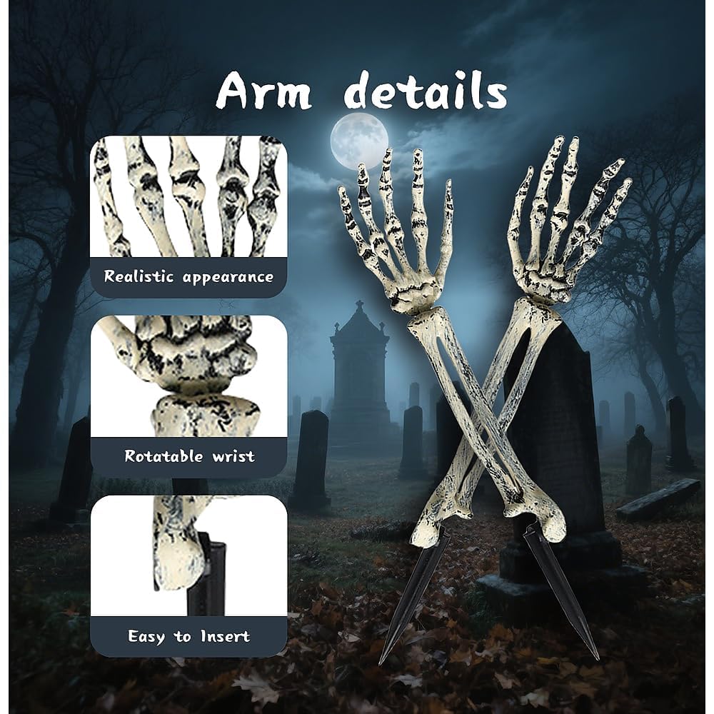 JIEFULL Halloween Skeleton Hands Stakes for Yard, Plastic Realistic Zombie Ghost Scary Arm Stake for Outdoor Lawn Props Party Decorations(2 Pairs)