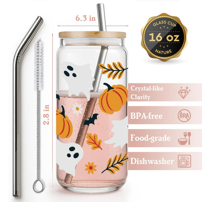 Halloween Ghost Pumpkin Glass Cup with Straws and Lids Gifts for Women,Friends,Happy Halloween Coffee Mug Trick Or Treat Iced Coffee Cup Glass Tumbler 16oz,Spooky Gifts for Boo Basket Stuffers