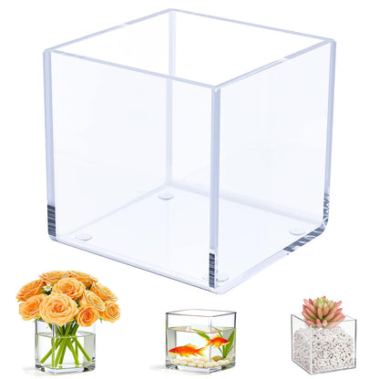 Kamehame Clear Acrylic Vase, 6"x6"x6" Wide Vase for Centerpieces, Succulent Pots Planters, Floral Square Cube Flower Vases for Home Office Wedding Decor