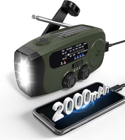 Hand Crank Radio with AM/FM/NOAA Weather Bands,for Emergencies, Camping | 3 LED Flashlights,SOS Function,Solar Powered,Hand Cranked, 2000mAh/7400mWh Charger,for Power Outage - Olive Green