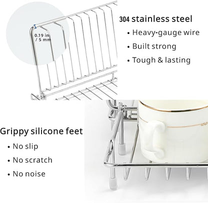 Collapsible Dish Drying Rack, 304 Stainless Steel Foldable Dish Rack with Drying Mat, 15.8" x 12.7" Space Saving Countertop Organizer for Small Kitchen, Dorm and Apartment, Silver
