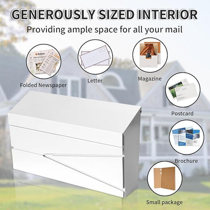 Ydocabinit Wall Mount Mailbox, Large Capacity Mailbox for House, Galvanized Steel Rust-Proof Metal Post Box Drop， Mailboxes for Outside, 15.74"×9.84"×4.33", White Modern Sleek Style