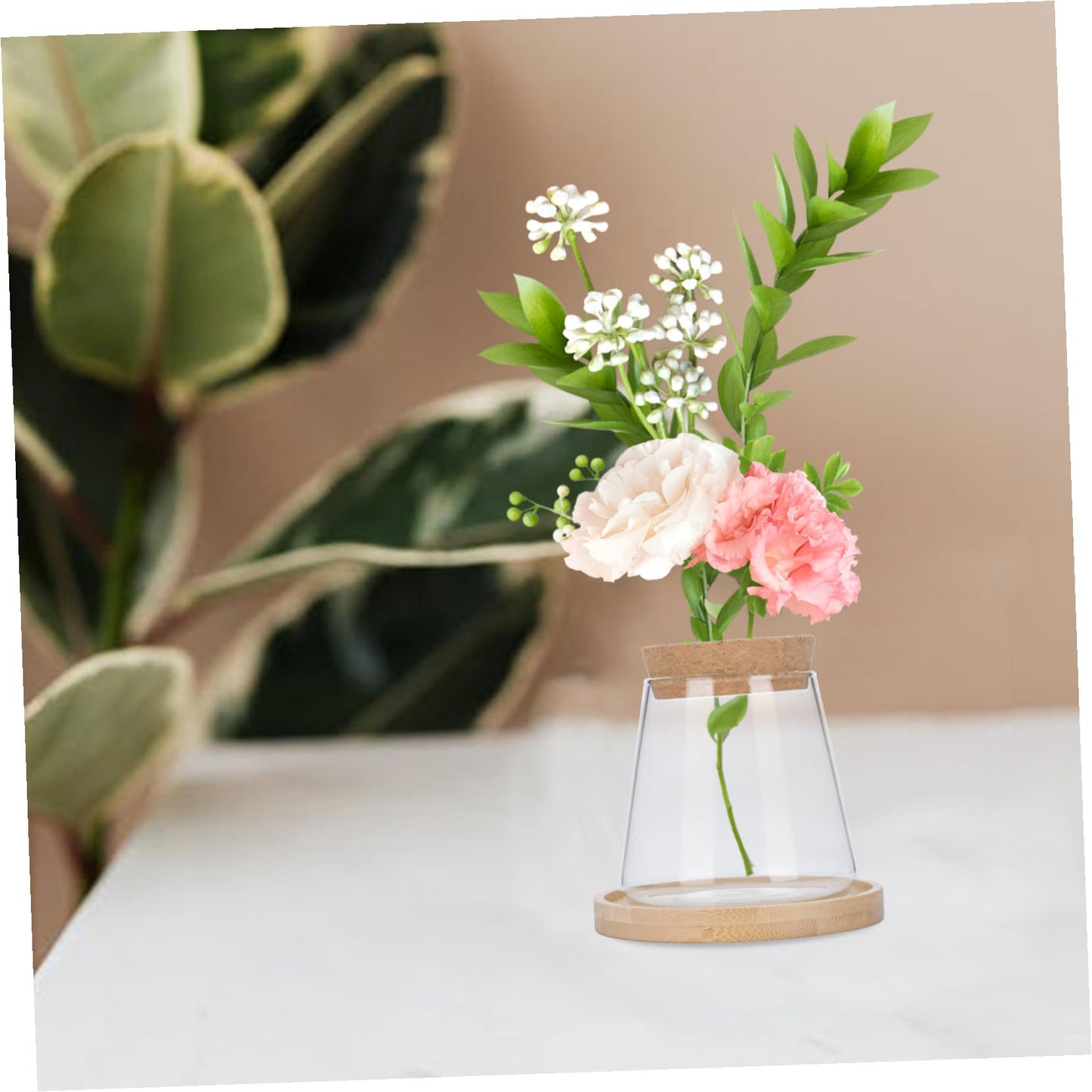 ETHZZLE Hydroponic Glass Vase with Wooden Stand Transparent Plant Propagation Station for Office Multifunctional Simple Flower Pot Desktop Greenery Terrarium Home Decoration and