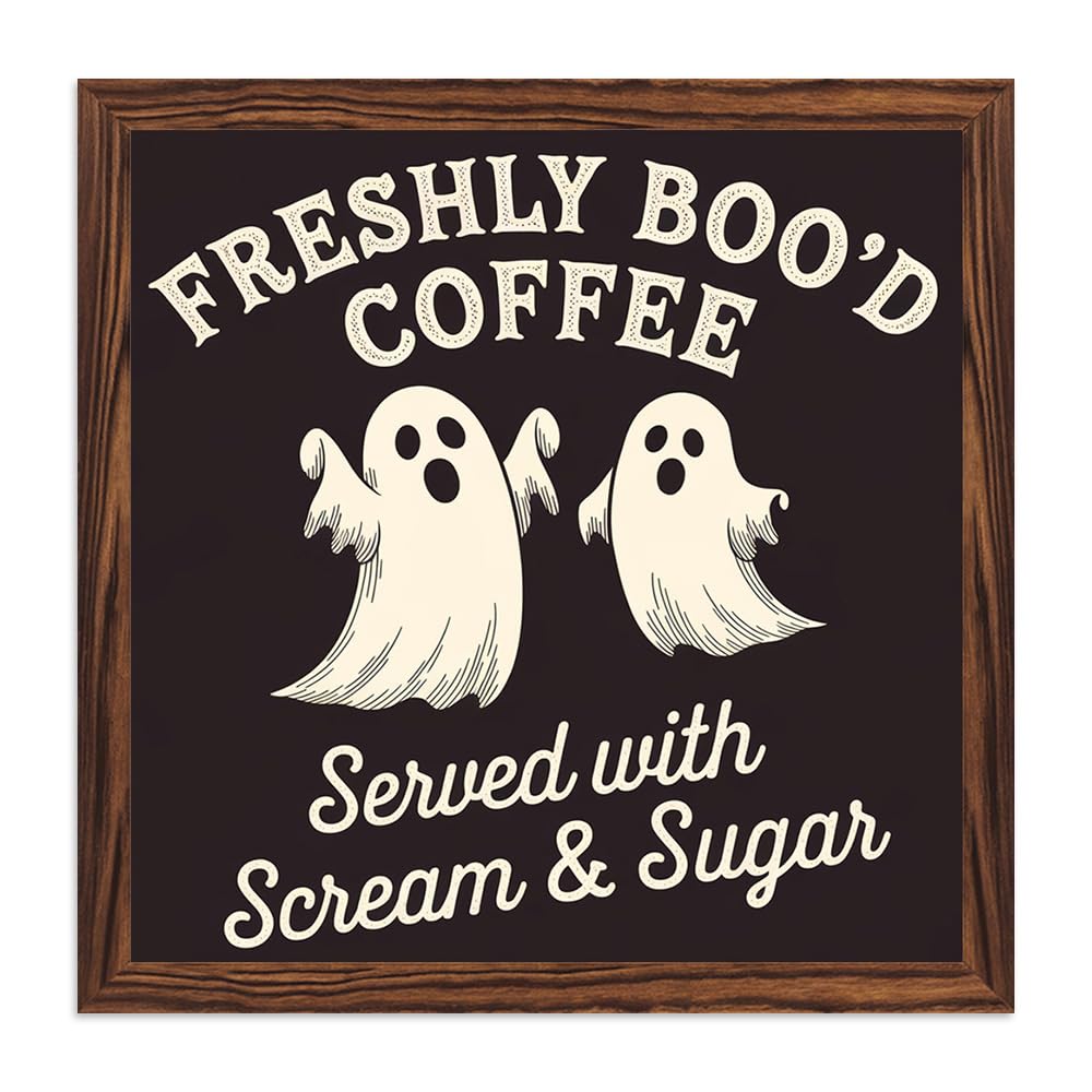 Spooky Halloween Theme Freshly Boo'd Coffee Wooden Sign, With Frame Coffee Bar Art Plaque Sign for Home Kitchen, Cafe, Bar, Garage Halloween Decor 7.87x7.87 Inch