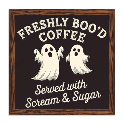 Spooky Halloween Theme Freshly Boo'd Coffee Wooden Sign, With Frame Coffee Bar Art Plaque Sign for Home Kitchen, Cafe, Bar, Garage Halloween Decor 7.87x7.87 Inch