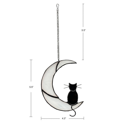 Black Cat Decor On White Moon Stained Glass Window Hanging Suncatcher for Windows Panels Sun Catcher Halloween Ornament Decoration Memorial Gift for Lover Cat Loss