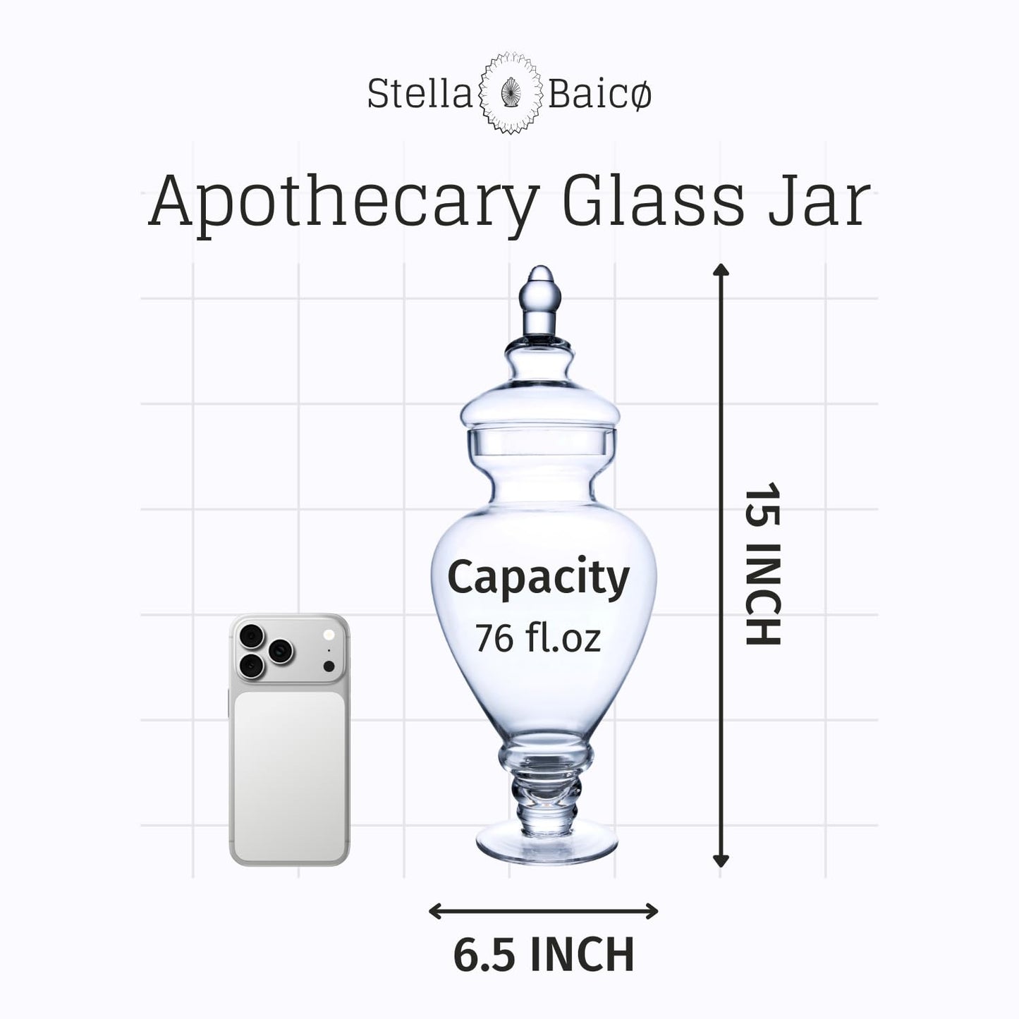Large Apothecary Jars Glass, Clear Glass Candy Jar wiht Lids, Elegant Glass Candy Containers, Decorative Glass Jars for Wedding, Display and Party (Height: 15", Diameter: 6.7")