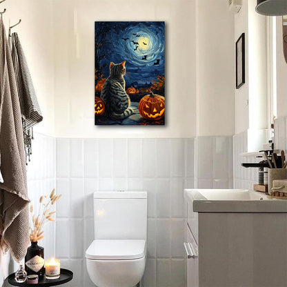 Black Cat Pumpkin Blue Starry Night Halloween Pictures Wall Decor,Bats Under Cosmic Sky Canvas Painting Print,Unique Celestial Home Wall Decor,Cute Animal Autumn Room Art Print,16"x24" Unframed