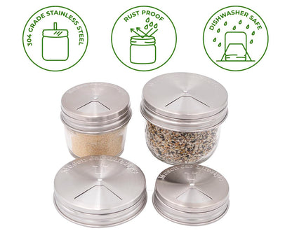 Mason Jar Lifestyle Adjustable Spice Shaker Lids for Regular Mouth Mason Jars – 4 Pack Stainless Steel Tops with Shaker and Pour Options – Seasoning Dispenser Lids