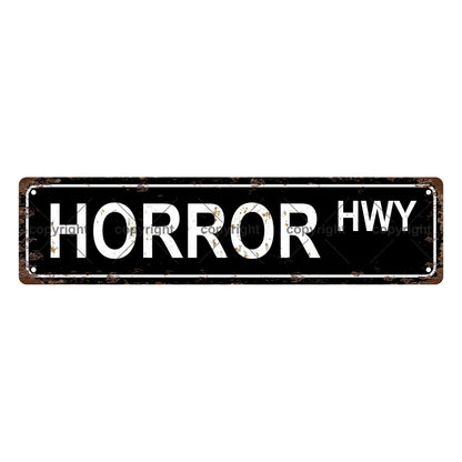 HORROR HWY BOOKSHELF Metal Tin Street Sign Bar Cafe Garage Cave Home Room Wall Bathroom Farmhouse Garden Porch Patio Decor, 16 x 4 Inch