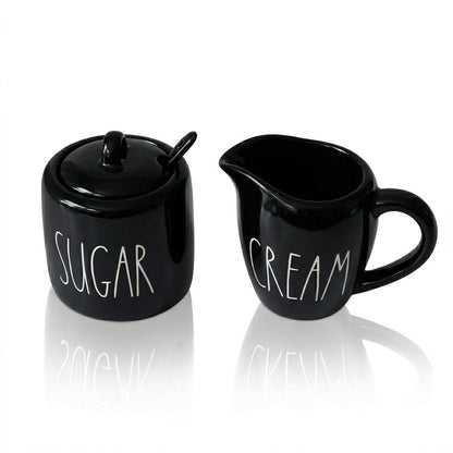 Sugar and Creamer Set, Cream Container and Sugar Holder Set for Coffee Bar, Farmhouse Sugar Bowl with Lid and Spoon, Ceramic Sugar Dispenser and Creamer Pitcher Set for Countertop (Black)