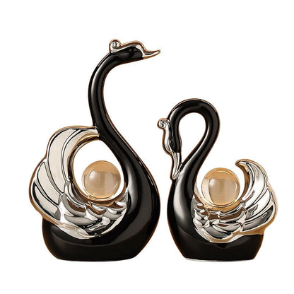 XINDAM A Pair of Swan Figurines Swans Statue with Crystal Ball Model Home Office Display Decorative Craft Living Room Decor (Black)