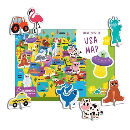 Dinomini Giant USA Map Puzzle for Kids - with Interactive Standing Figures - Floor Puzzles for Kids Ages 3-5 - Preschool Learning Activities - Learning & Educational Toys