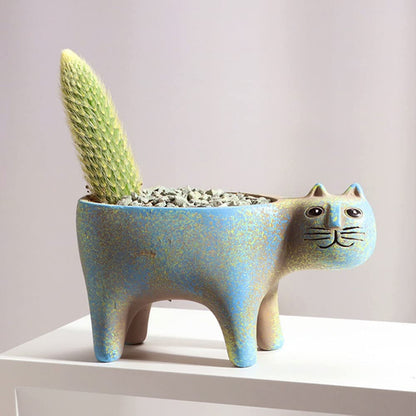 DIYOMR Cat Planter Animal Succulent Pots, Ceramic Cat Mini Flower Pots Cactus/Plants Containers for Home Office Desk Windowsill Decor, Plants Not Included (Light Blue)