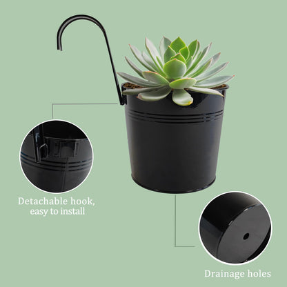 Joyfernal 4 Pack Black Railing Planter, 6 Inch Metal Hanging Planters for Outside Balcony Rails Fence with Detachable Hooks, Flower Pots Outside for Garden Patio (Black, Pack of 4)