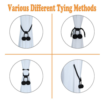 HedongHexi Magnetic Curtain Tiebacks, Cotton Handmade Drapery Holdbacks with Two Balls Rustic Style Decorative Curtain Ties for Home Office Bedroom (Black Cotton, 4 Pack)