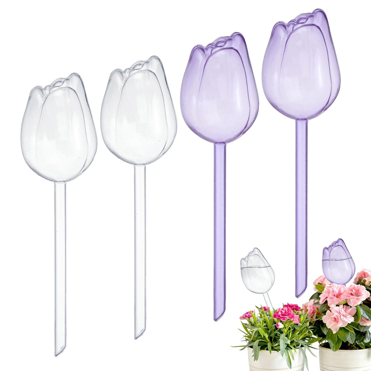 M METERXITY 4-Pack Plant Watering Globes, 9.4 Inch Plastic Self Watering Planter Insert for Indoor/Outdoor Plants, Self Water Devices [Transparent/Purple]