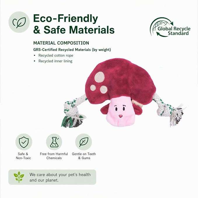 Green Sheep Puppy Plush Dog Toy, No Stuffing Squeaky Toy with Recycled Cotton Rope for Teething, Comfort and Gentle Play, Small Dogs and Puppies, Mushroom