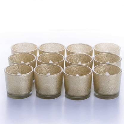 Gold Votive Candle Holders, BeMoment Glitter Glass Tealight Candle Holder for Christmas, Wedding Decor and Home Decor, Festival, Xmas, Holiday, Set of 12(2”×2”)