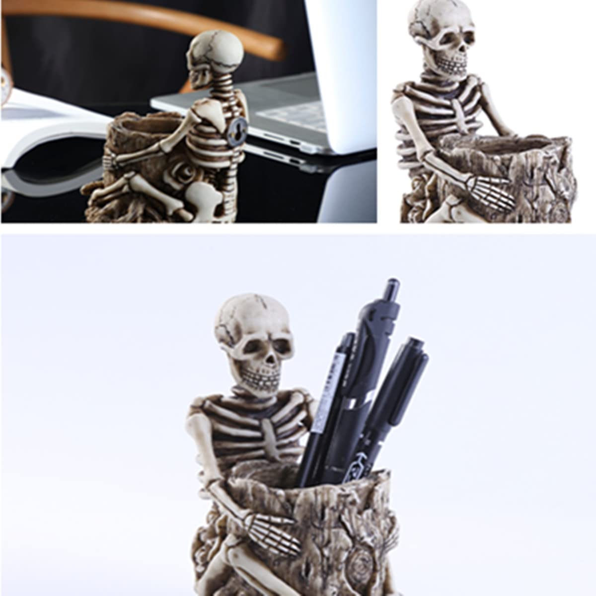 RUITASA Skull Pen Holder & Makeup Brush Holder - White, Desktop Small Skull Design for Halloween Home Office Desk Storage & Decoration