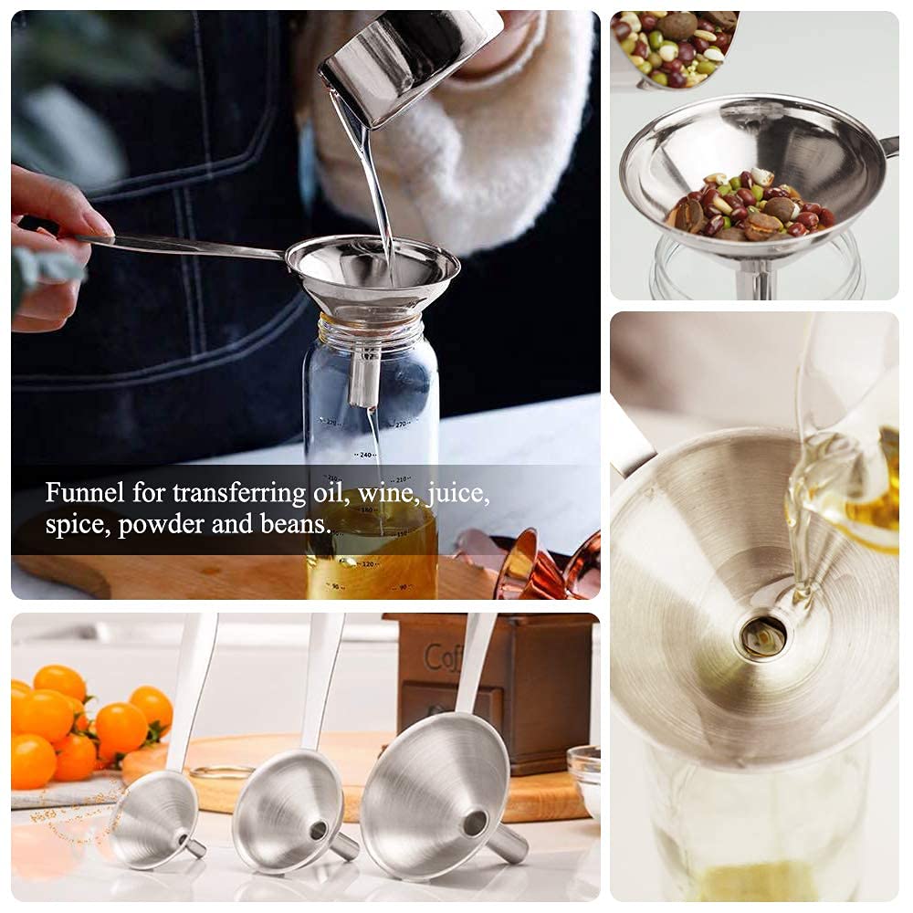 3 in 1 Metal Funnels for Filling Bottles Stainless Steel Small Kitchen Funnel Set for Transferring Essential Oils Liquid Fluid Spice Dry Ingredients Powder, Durable (‎Long-Handled Funnel)