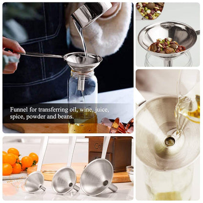 3 in 1 Metal Funnels for Filling Bottles Stainless Steel Small Kitchen Funnel Set for Transferring Essential Oils Liquid Fluid Spice Dry Ingredients Powder, Durable (‎Long-Handled Funnel)