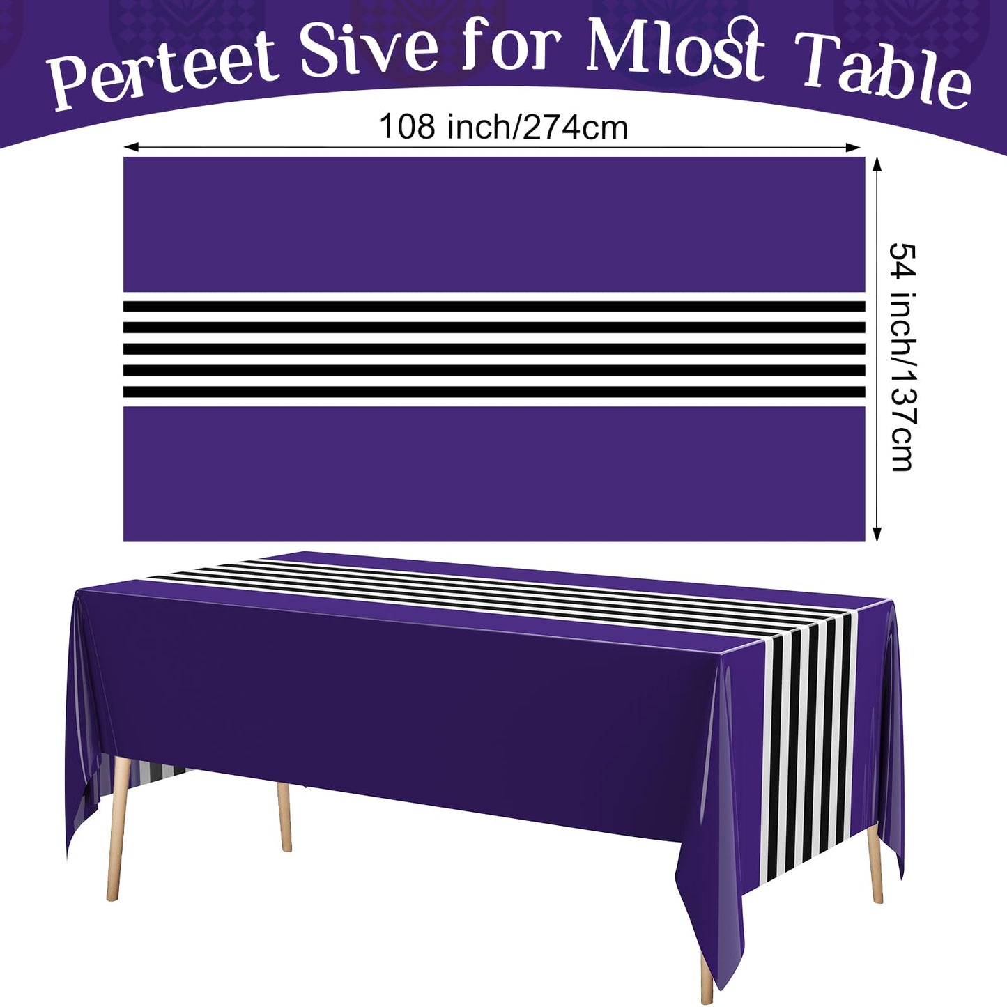 Oudain 6 Pcs Striped Tablecloth 108 x 54 Inch Disposable Plastic Table Cloth Waterproof Tablecloth Rectangle Table Cover for Halloween Birthday Wedding Bridal Party Supplies (Black White Purple)