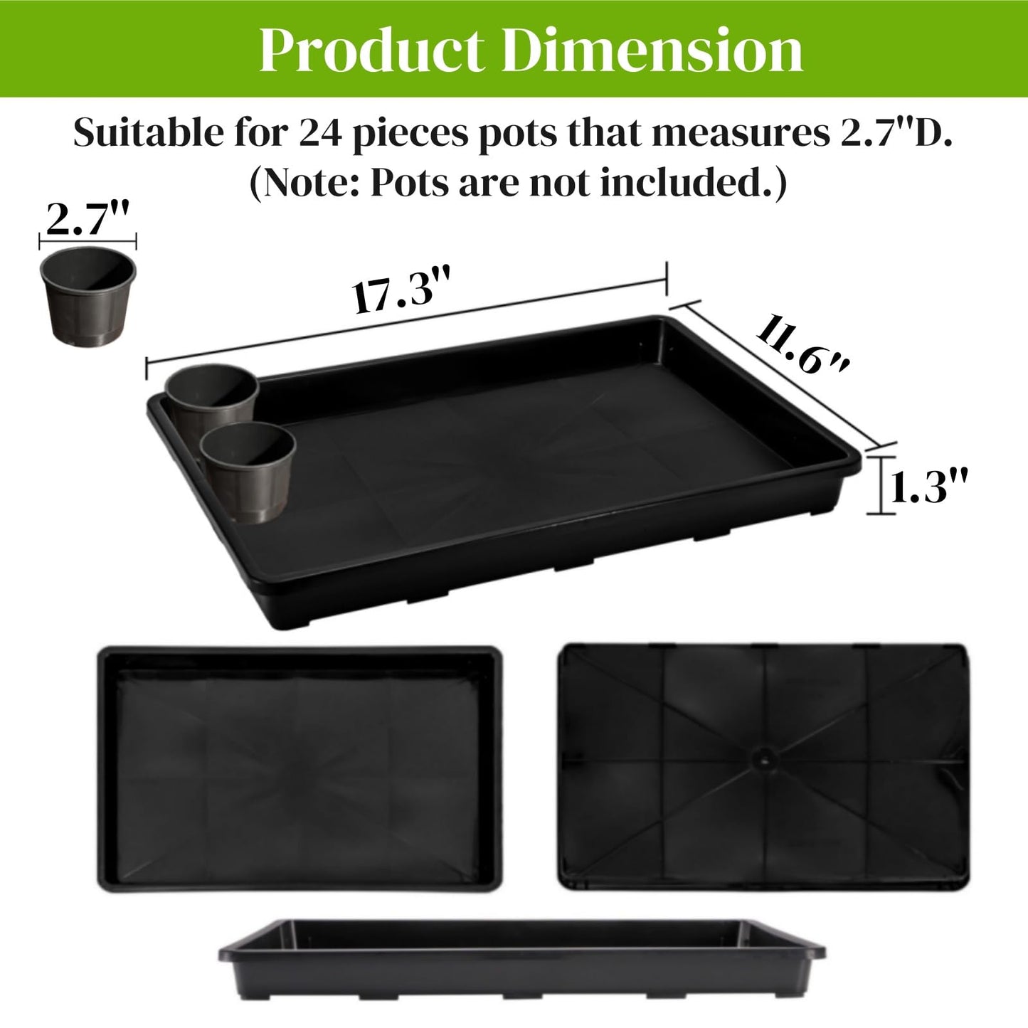 ZAVOOS 6 Pack Nursery Potting Trays, Plastic Seedling Starter Tray with No Drain Holes, Easy Watering Flat Garden Plant Growing Tray for Indoor Greenhouse Germination, 17.3'' x 11.6'' x 1.3''