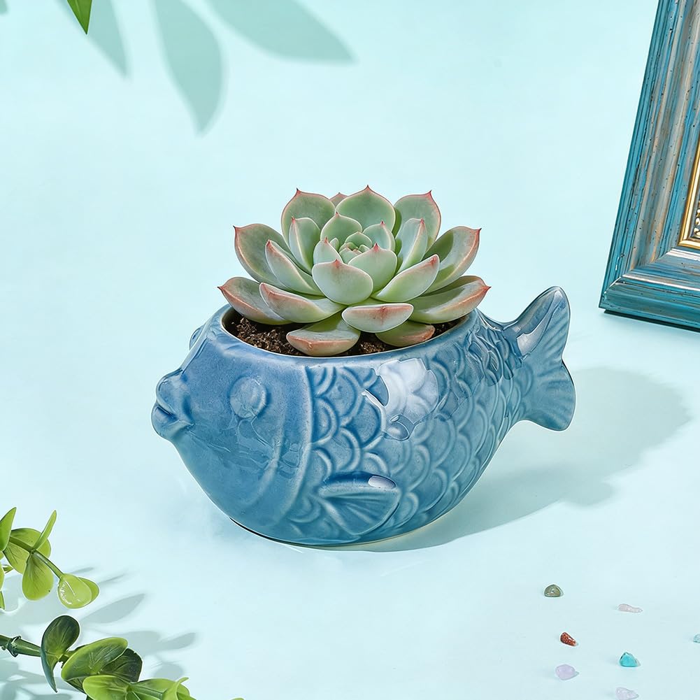 SUNNYCLUE Ceramic Succulent Pot Fish Ceramic Pot with Drainage Hole Ocean Series Summer Sea Hawaii Blue Flower Vase Bonsai Cactus Planters for Indoor Outdoor Plants Office Home Garden Decorations