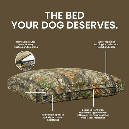 WHITEDUCK Outdoor Dog Bed Heavy-Duty 12oz Canvas, Water-Repellent Cotton, Machine Washable Removable Cover with Full-Length Zipper, Dog Bed for Large Dogs & Crate, Real Tree 36" Lx27 Wx4 th (L)