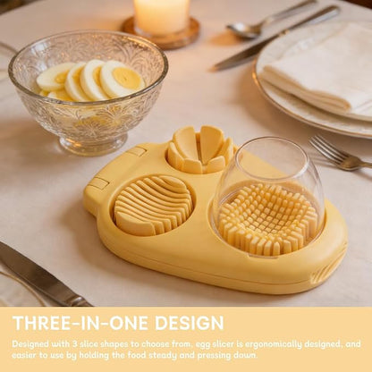 3-in-1 Egg Slicer for Hard Boiled Eggs, Multipurpose 3-Way Cutter with 3 Slice Modes, Heavy Duty Stainless Steel Chopper Tool for Strawberry, Mushroom, Grape, Cherry Tomato(COLOR:Yellow)