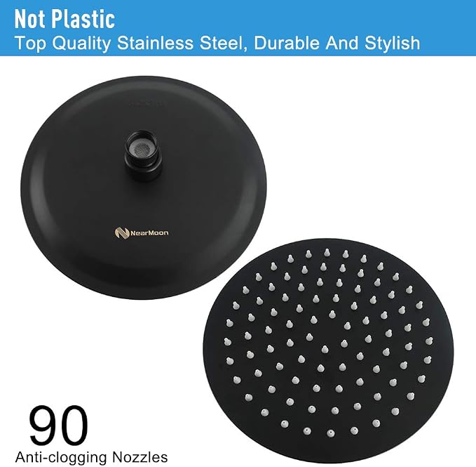 NearMoon Rain Shower Head, Ultra-Thin Design-Pressure Boosting, Awesome Some Experience, High Flow Stainless Steel Rainfall Head (8 Inch,Matte Black)