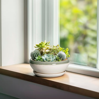 SQOWL Succulent Planters - 6 Inch Ceramic Bonsai Pots, Shallow Planter with Drainage Hole and Saucer, Round Planter for Indoor Outdoor, Cactus Succulent Pots, Desk Decor, Garden Gifts, Gray-Beige