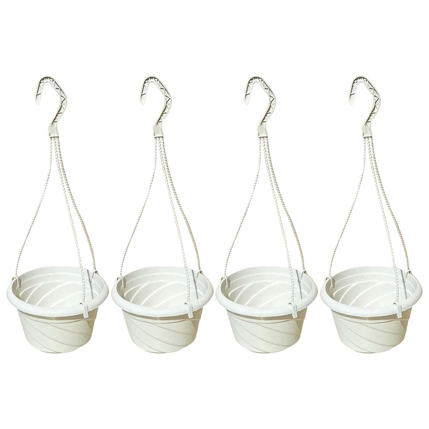 VIDELLY 4 Pieces Plastic Hanging Planters, 5.9 in Dia x 3.54 in H, Small Flower Plant Basket Pots Chain Holder Garden Decoration for Indoor and Outdoor Use, Beige White