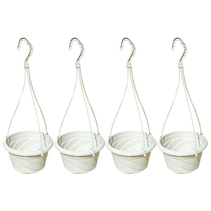 VIDELLY 4 Pieces Plastic Hanging Planters, 5.9 in Dia x 3.54 in H, Small Flower Plant Basket Pots Chain Holder Garden Decoration for Indoor and Outdoor Use, Beige White