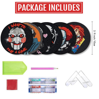 Bysincy 6 PCS Diamond Painting Coasters Kits with Holder Horror Halloween, DIY Funny Jack Skull Diamond Art Coaster Sets for Beginners Adults and Kids Art Craft Supplies Holiday Gift
